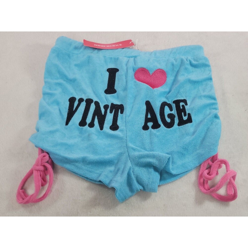 SHEIN ICON Y2K Blue Pink Terry Ruched Drawstring I Heart Vintage Shorts Medium